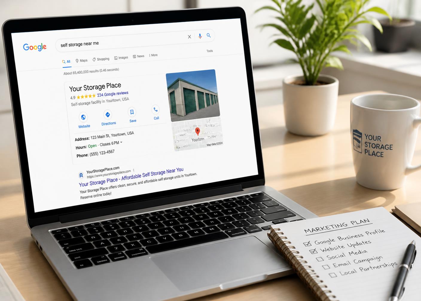 Laptop showing a self-storage Google Business Profile on a desk